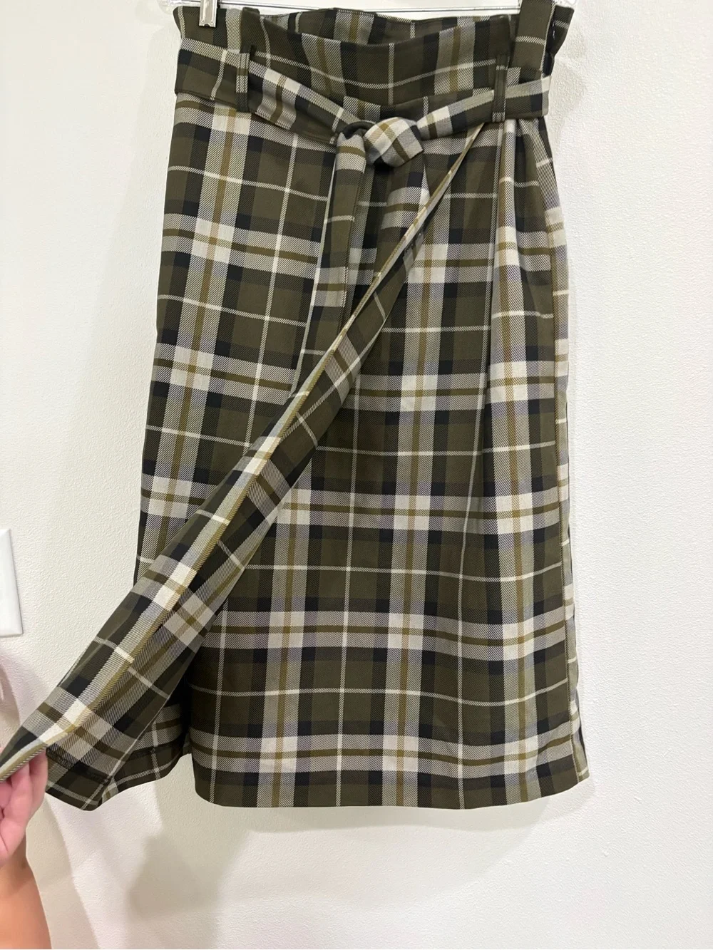 H&M Olive and Cream Plaid Midi Skirt with Tie Waist